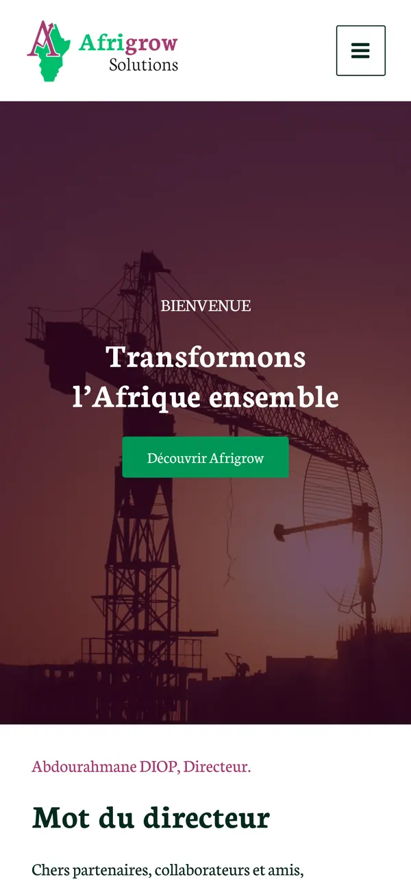 Page de Afrigrow Solutions sur téléphone