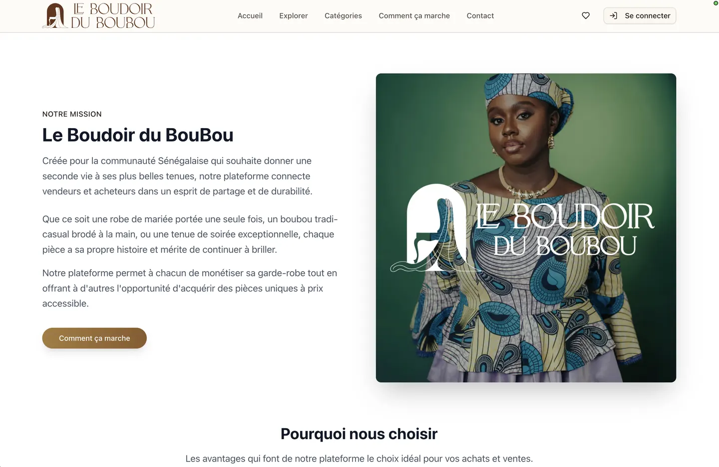 Page d'accueil : présentation de la plateforme et de ses avantages.