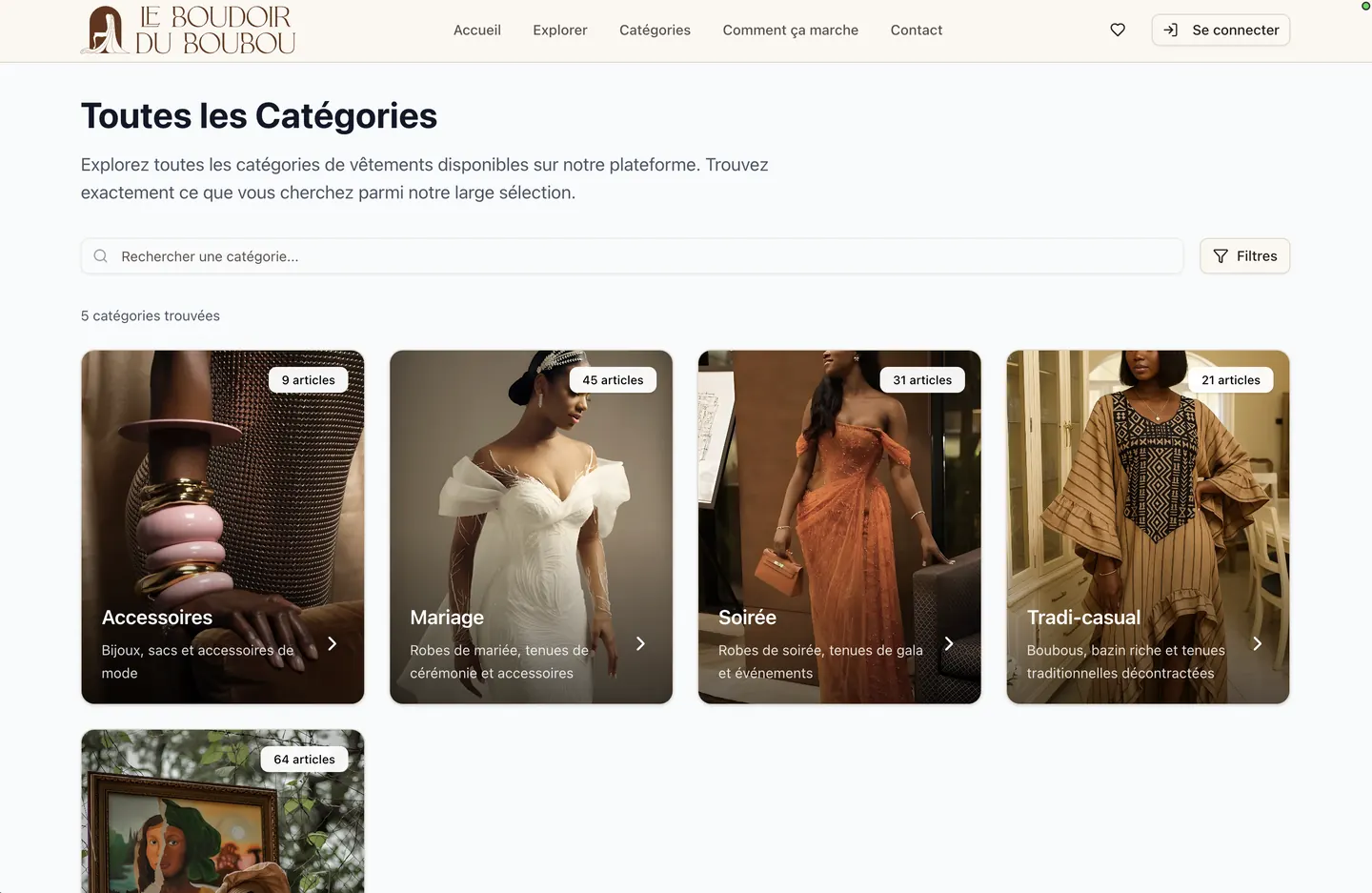 Toutes les catégories : accessoires, mariage, soirée, trad-casual.