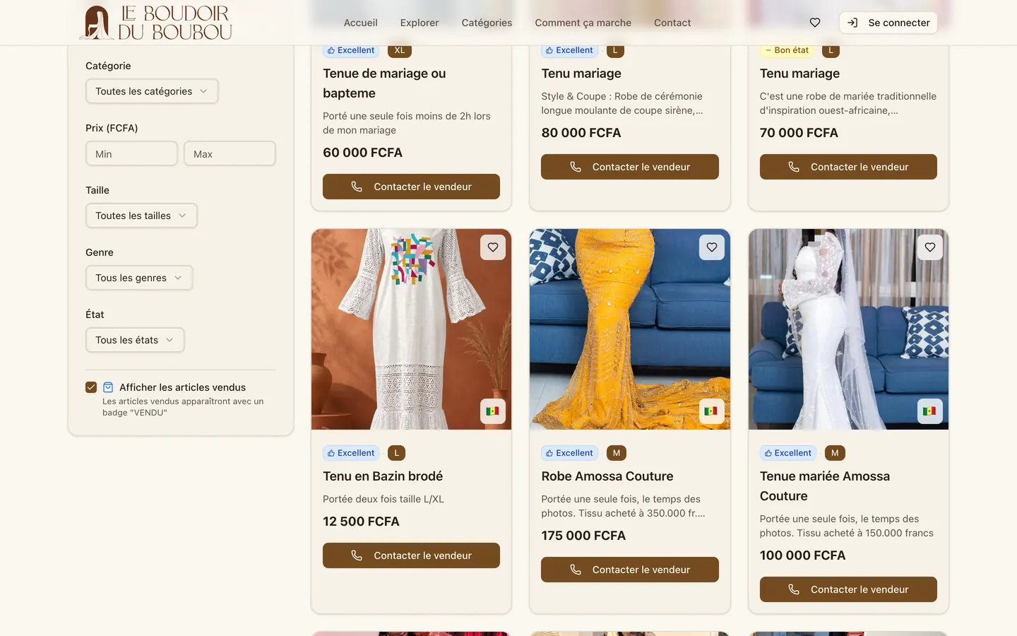Catalogue avec le panneau de filtres : localisation de l'annonce, catégorie, prix, taille, genre, état.