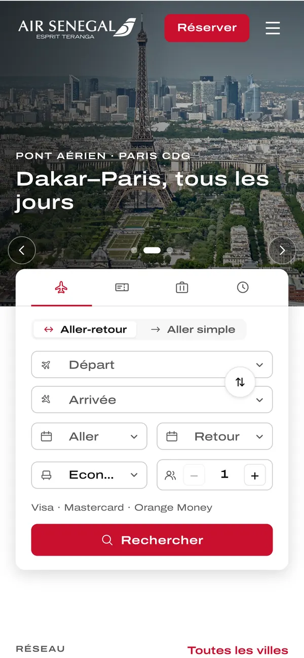 Page de Fly Air Sénégal sur téléphone