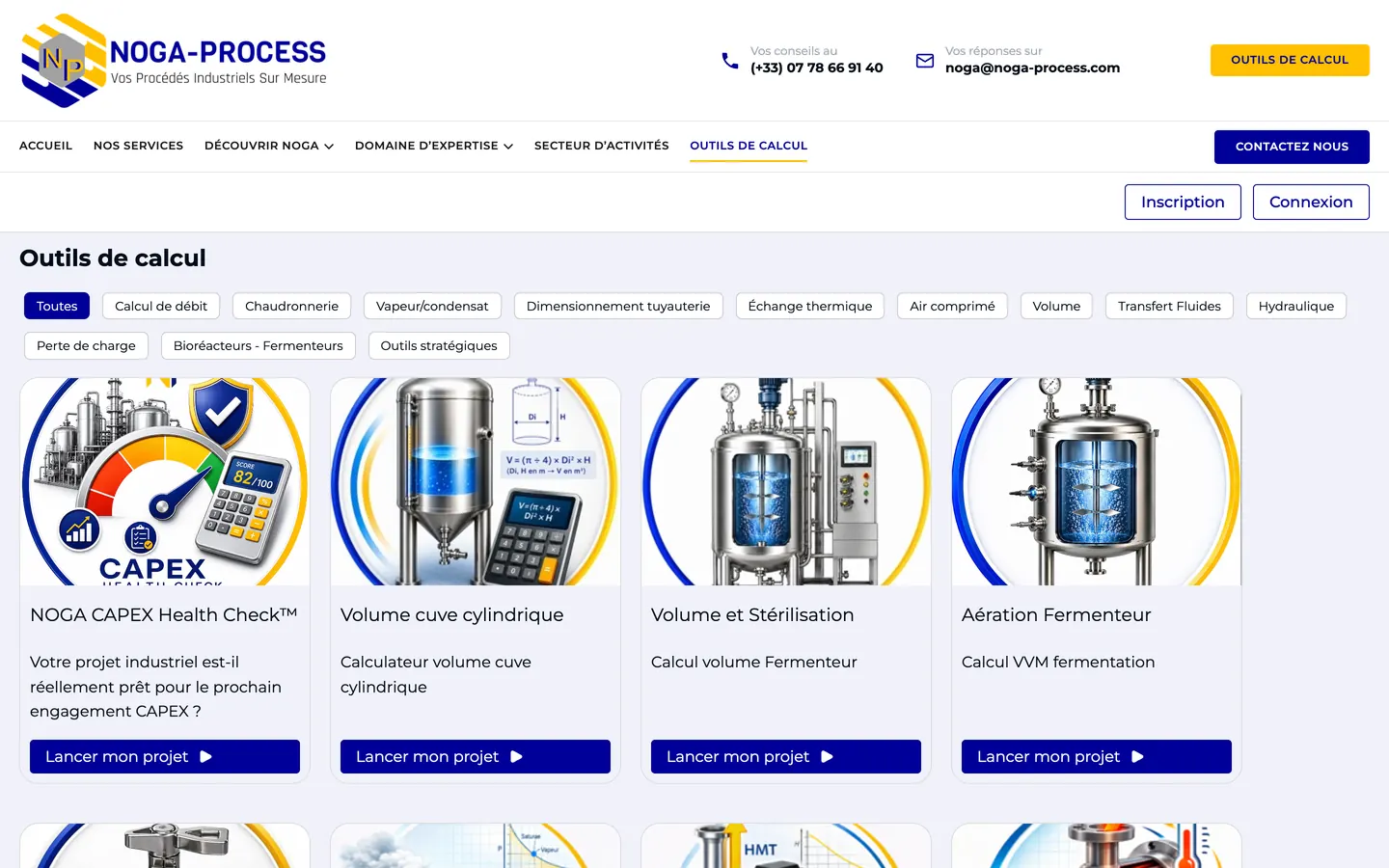 Application NOGA PROCESS : liste des outils de calcul classés par famille