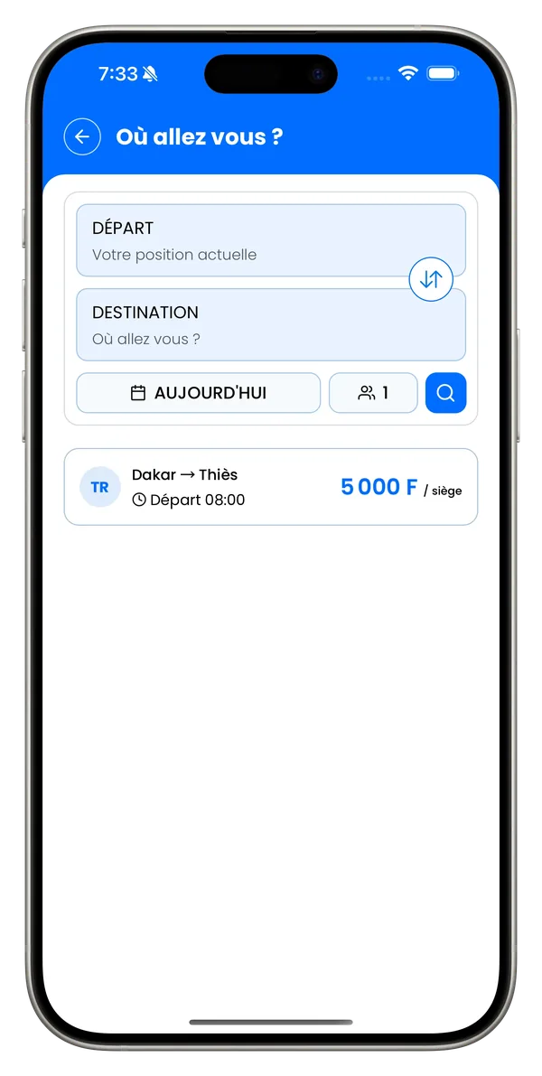 Écran de recherche de trajet de l'application mobile Ovolan