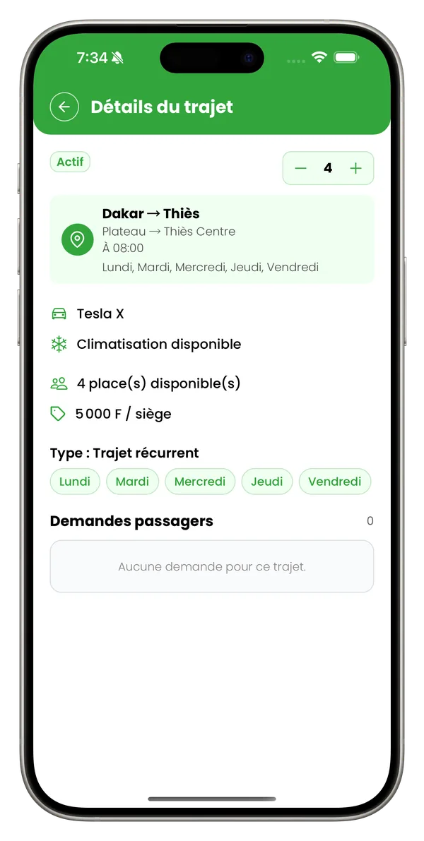 Écran de l'application mobile Ovolan : détail d'un trajet