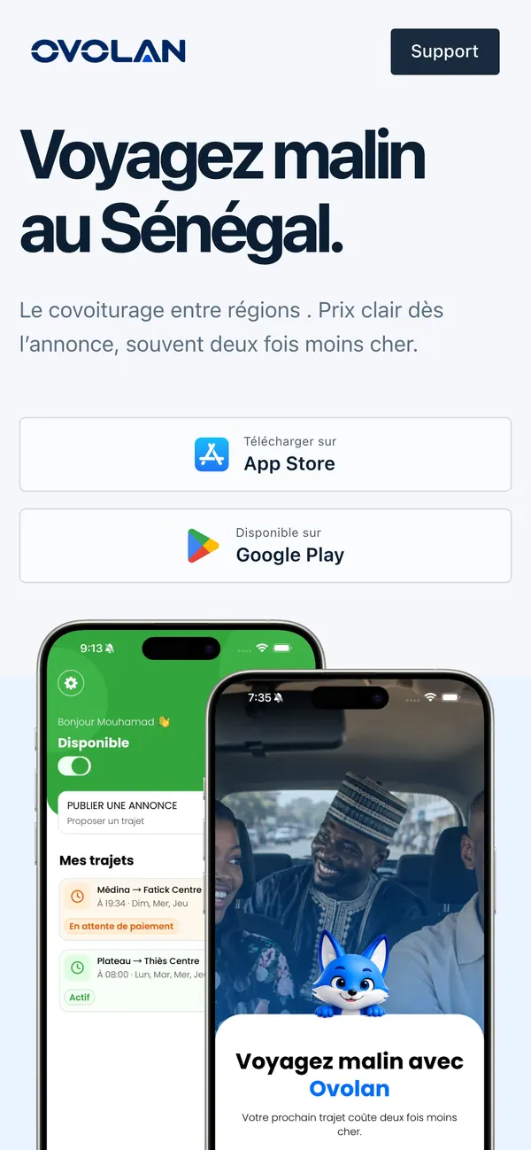Page de Ovolan sur téléphone