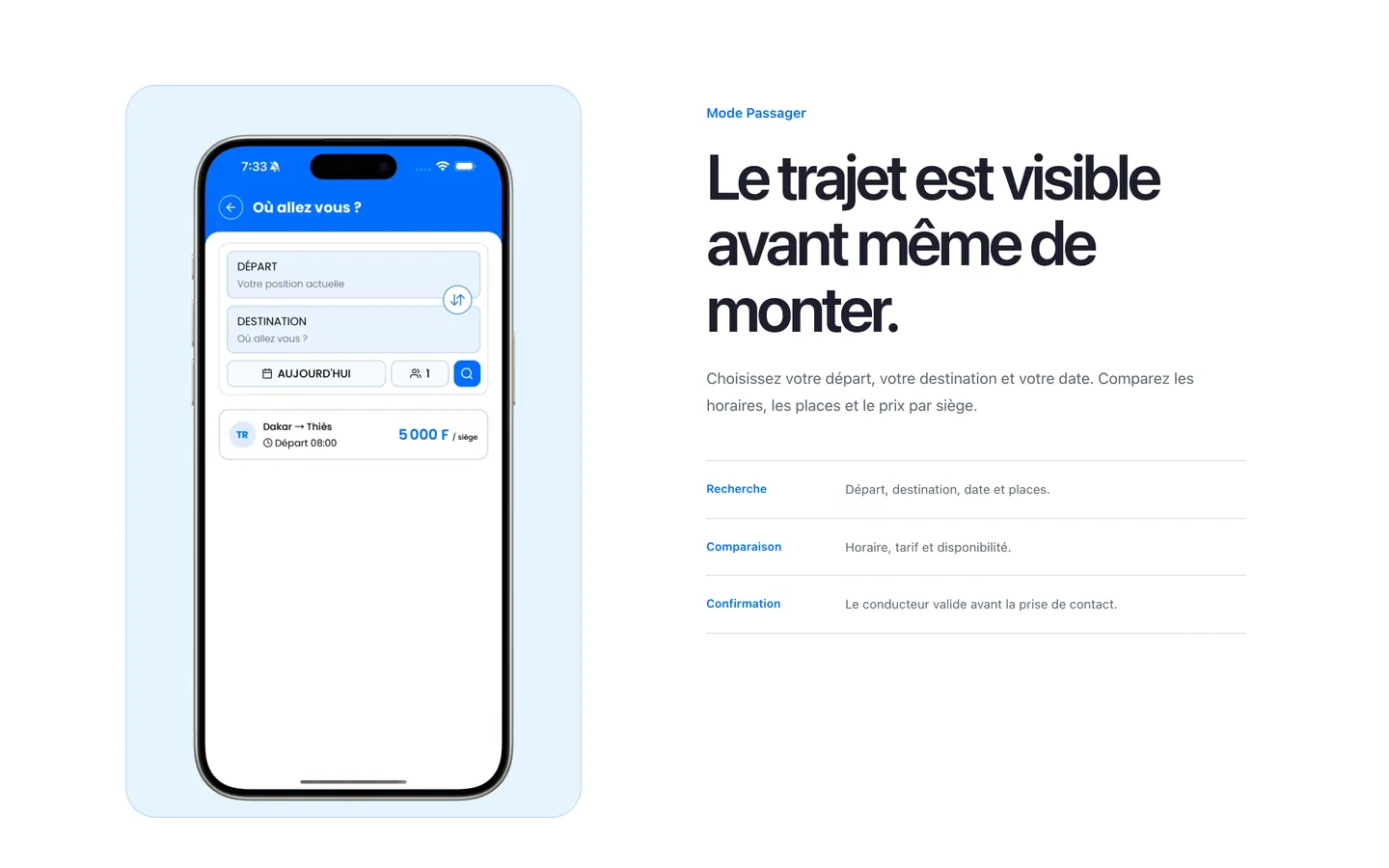 Site web : la section qui présente le parcours passager.