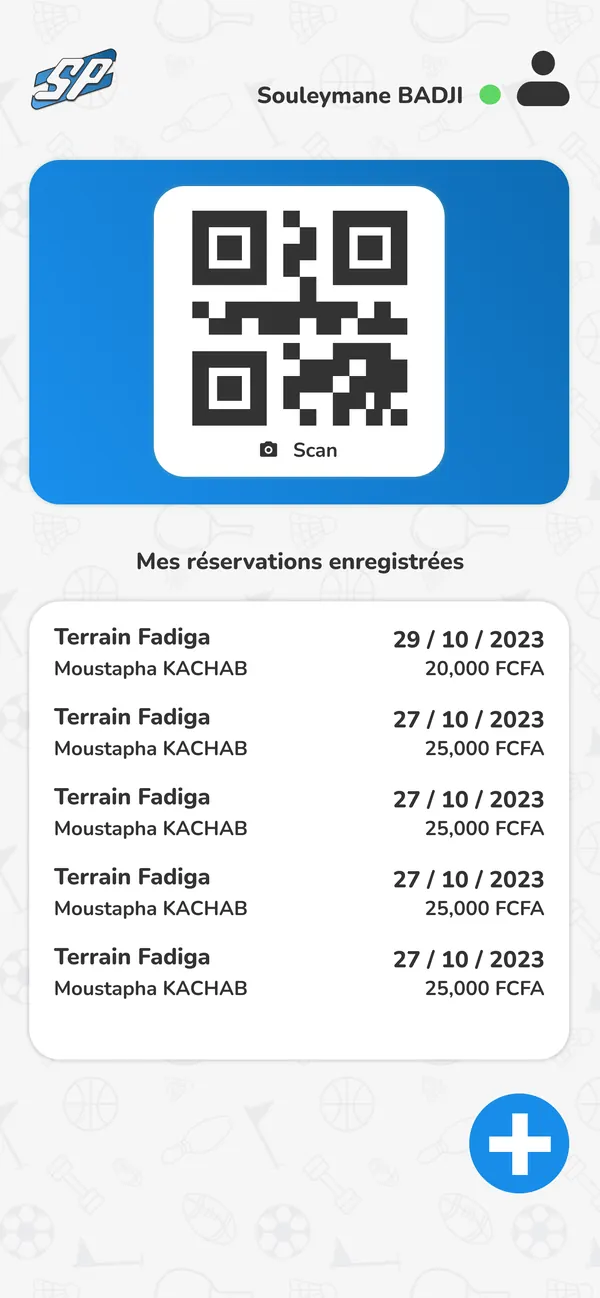 Application, écran employé : scan du code QR et réservations enregistrées.