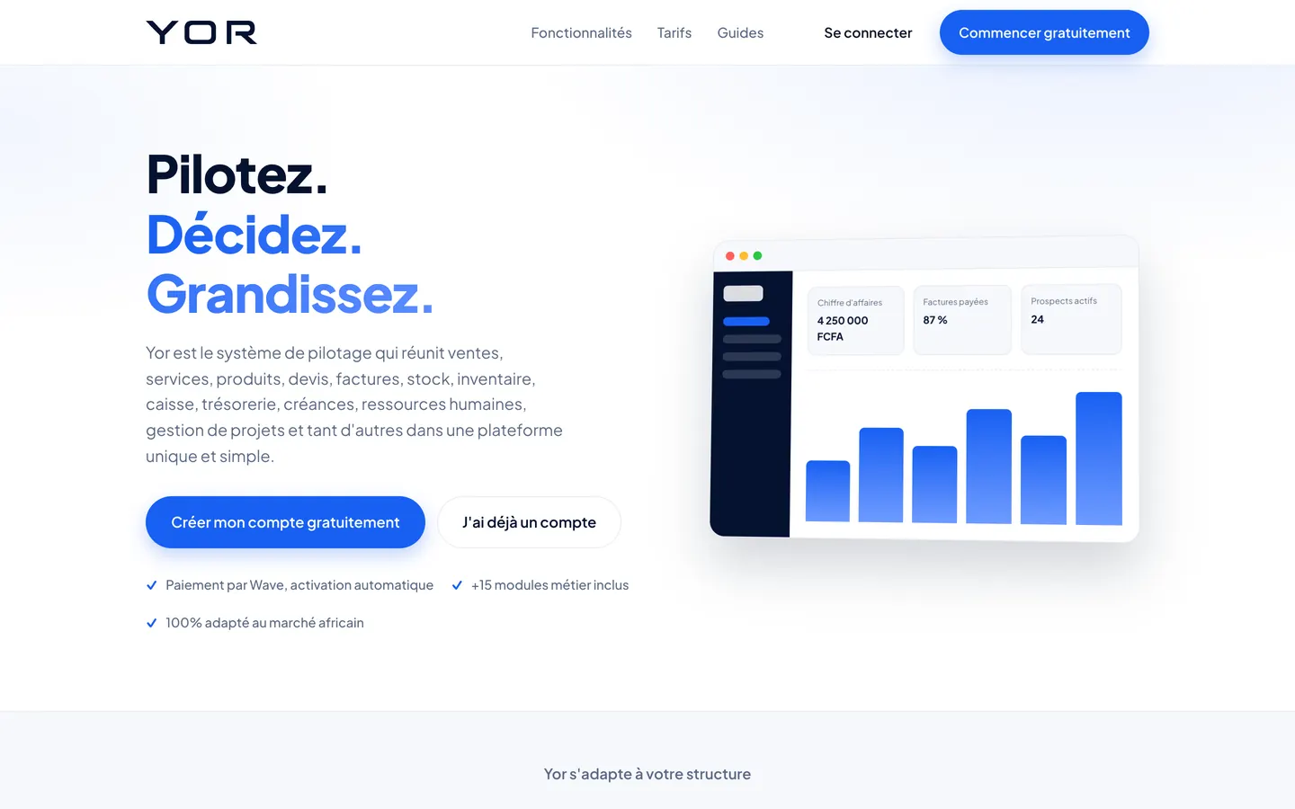 Page d'accueil de YOR, système de gestion et de pilotage d'entreprise