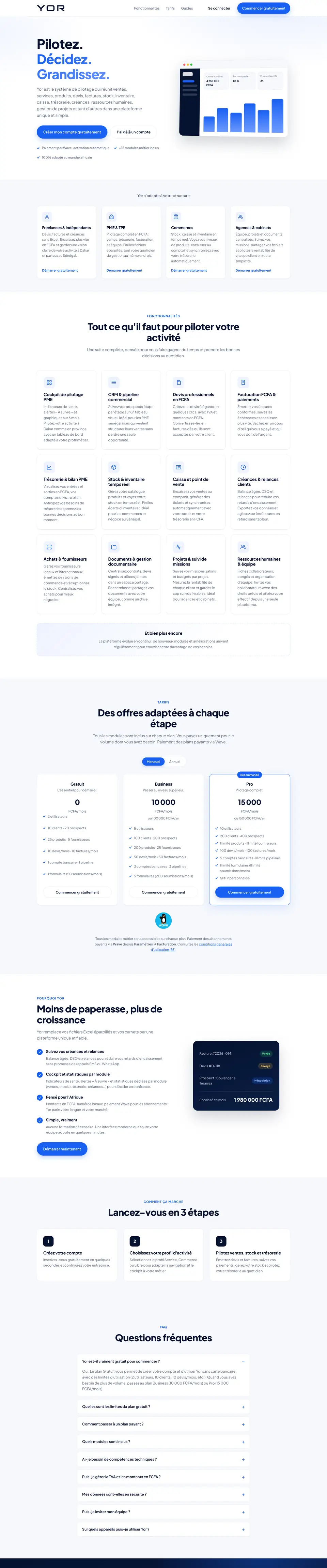 Page d'accueil complète de YOR : cible, fonctionnalités, plans, questions fréquentes